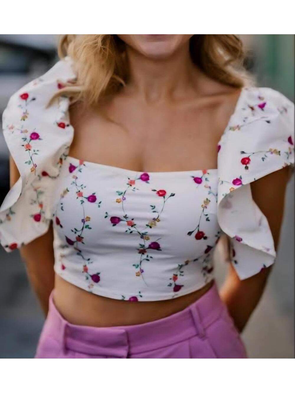 Zara White Floral Puff Sleeve Square Neck Crop Top Cottagecore Milkmaid Large